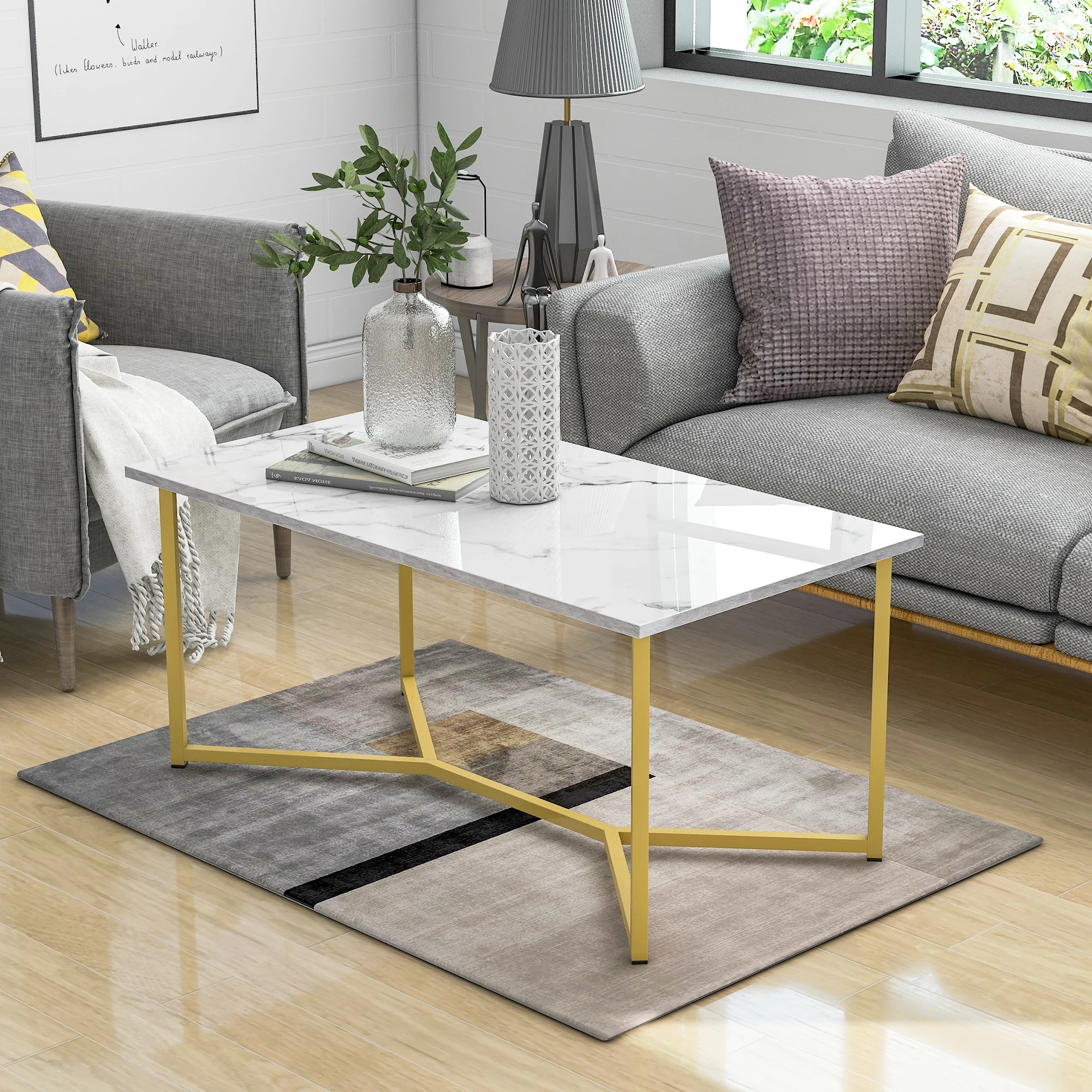 3 Style Modern Rectangle Wooden Coffee Table White Marble Top Stylish X-Leg Base Side Table 42x22x18Inch[US-Stock]