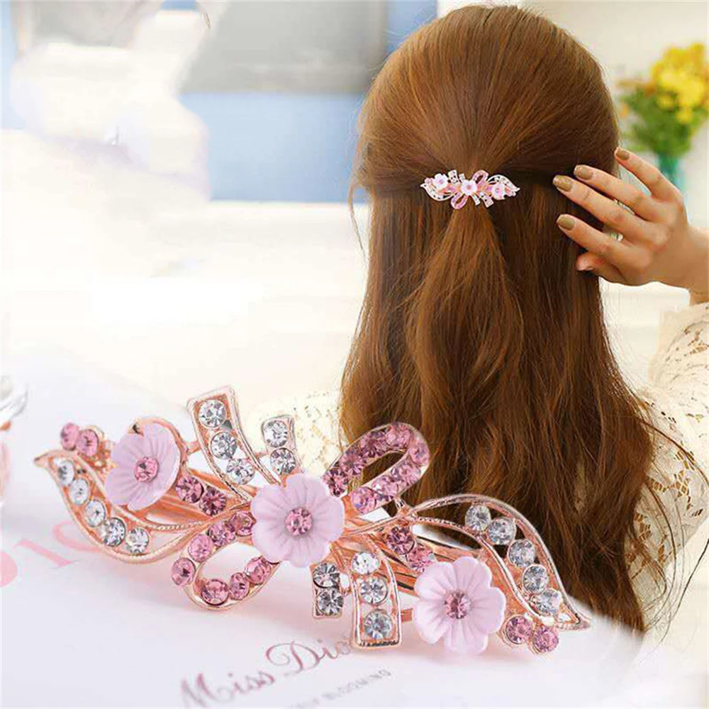 Women Fashion Pearl Rhinestone Horsetail Hairpin Ladies Luxury Spring Clip Jewelry Crystal Hair Clip Exquisite Hair Accessories