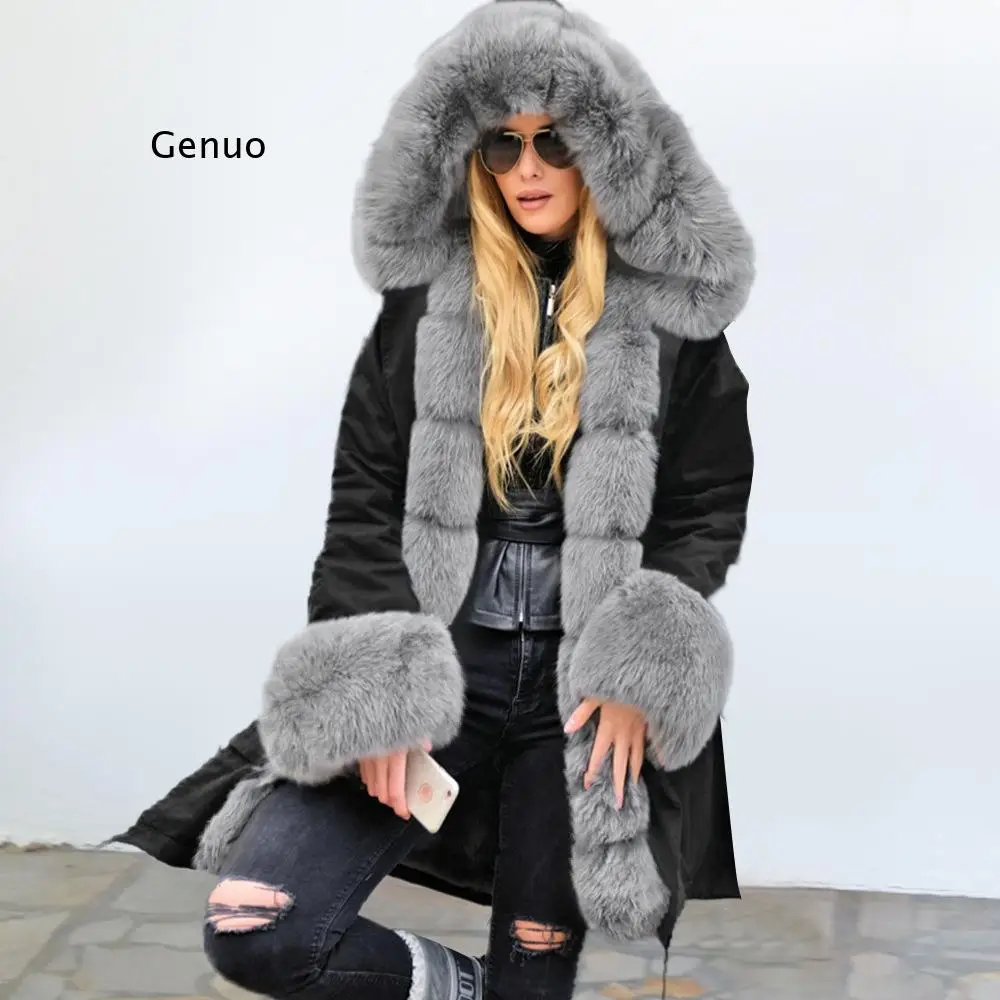 

New Cotton Parker Fashion Furry Fur Collar Winter Jacket Women Medium Long Hooded Parka Coat with Hooded Coat