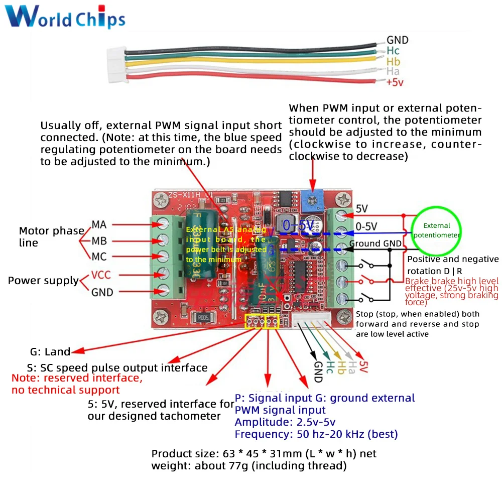 Carte contrôleur de moteur sans balais, CC 6-60V 16A 400W, 3 phases, Hall, BLDC PWM, technologie de pilote PLC avec fonction avant/barrage/frein