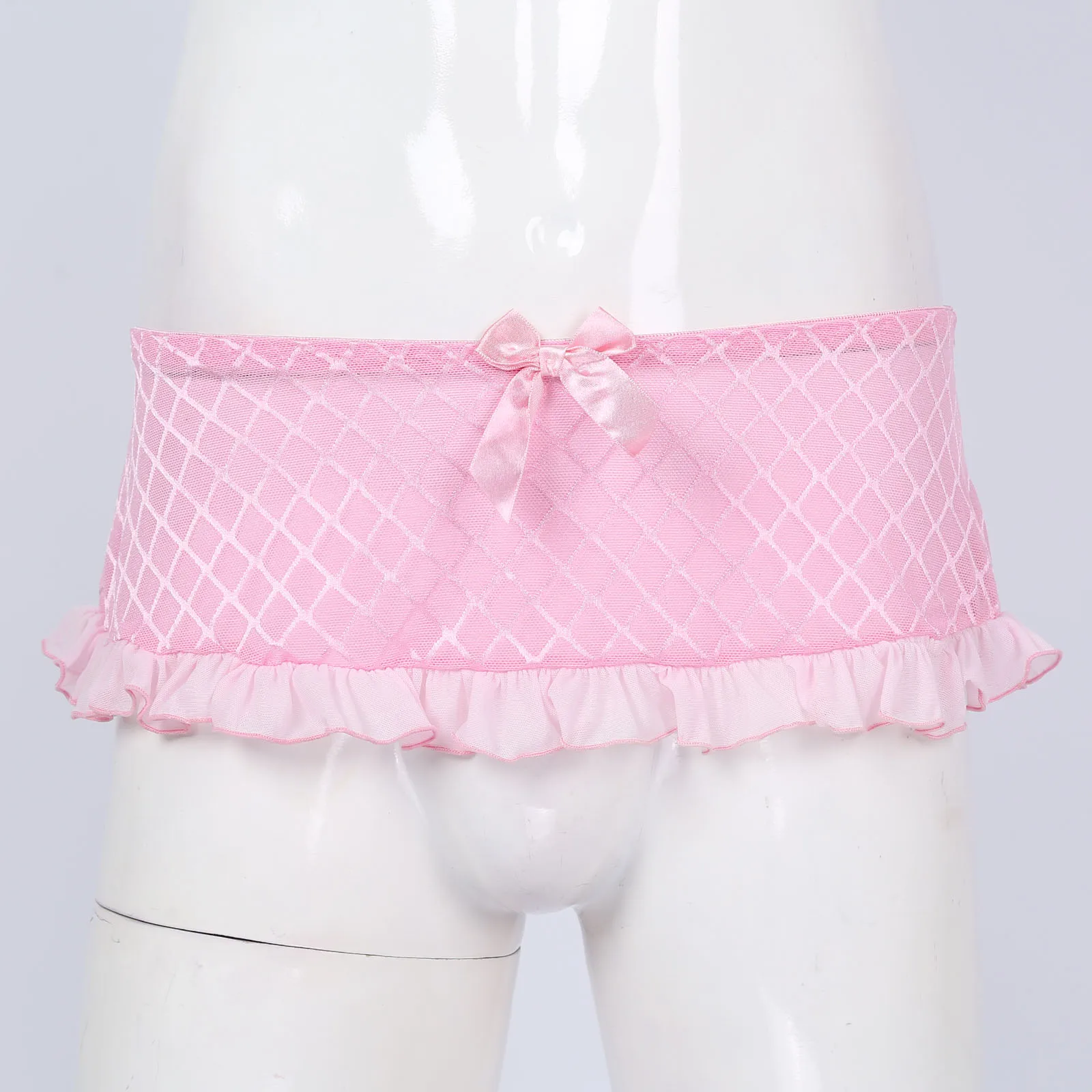 Mens Sissy Lingerie Erotic See-through Sheer Lace Underpants Panties Gay Male Ruffles Bowknot Mini Skirt