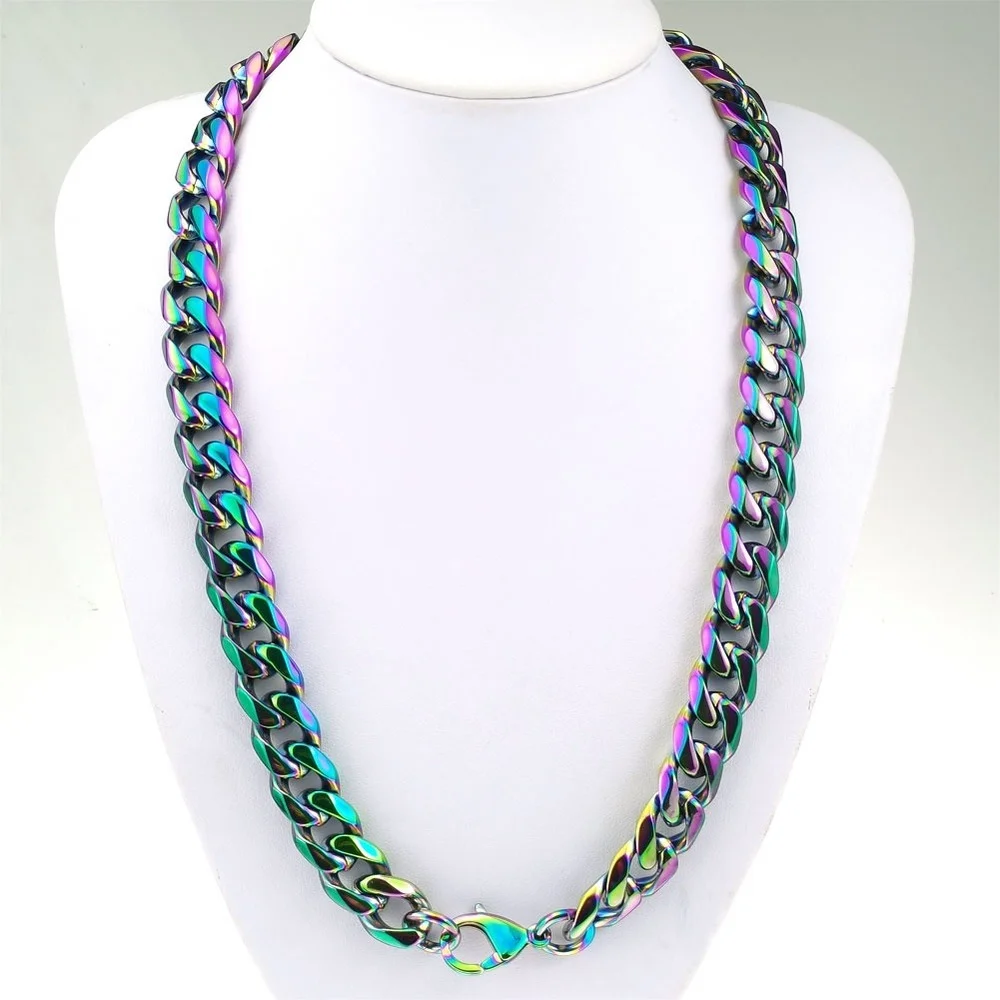 Stainless Steel Miami Curb Rainbow Cuban Link Chain Bracelet Necklace Set For Men 11~16mm width