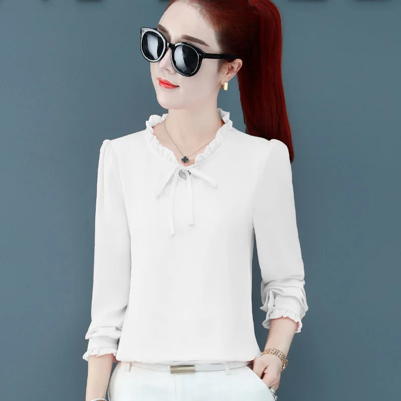 Women Spring Summer Style Chiffon Blouses Shirts Lady Casual Long Sleeve Stand Collar Blusas TOps RR0031