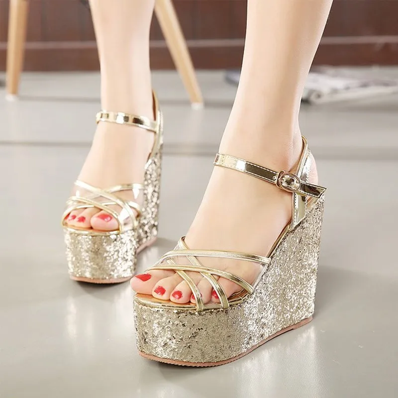 30-43 High Heeled Wedge Sandals Women Platform Sexy Sequins Shoes Open Toe Sandals