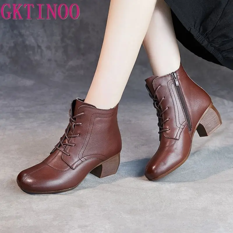 GKTINOO Autumn Winter Warm Boots Women 2024 Retro Handmade Lace-up Genuine Leather Round Toe Women Thick Heel Ankle Boots