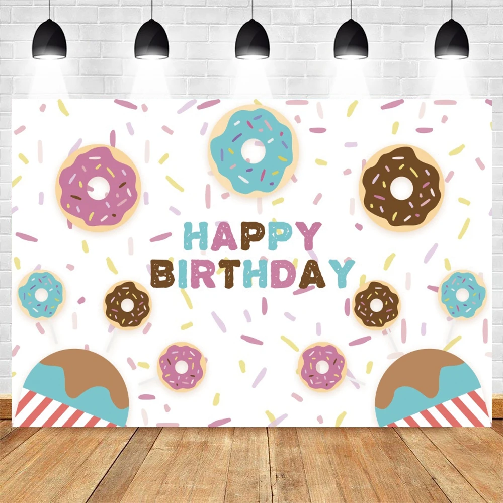 

Cartoon Donut Candy Happy Birthday Party Baby Photography Background Customizable Text White Backdrop For Photo Studio Shoot