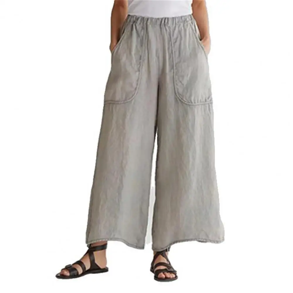 Summer Wide Leg Pants Women Slacks Mid Rise Solid Color Elastic Waist Long Pants Trousers for Office Women Pants