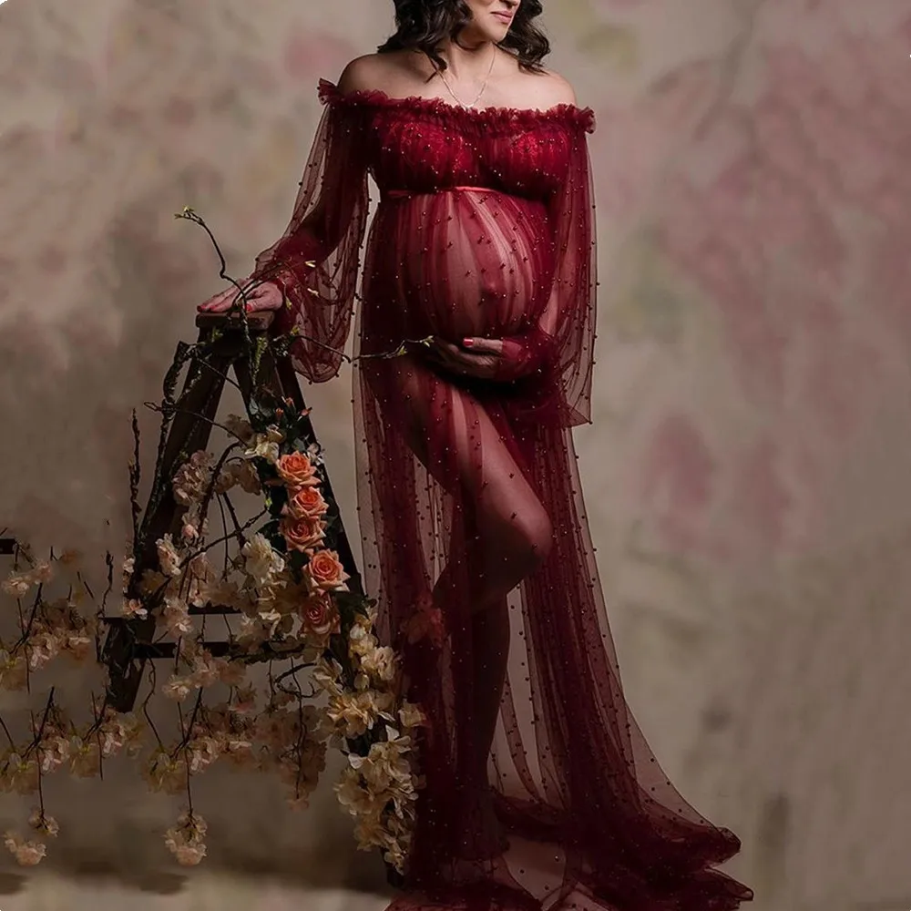 Beading Pearl Maternity Photography Long Dress Slash Neck See Through Maternity Photo Shoot Pearl Dress