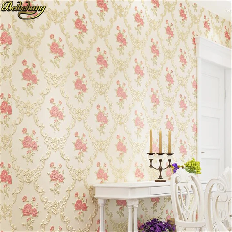 beibehang 53X300cm European non-woven self-adhesive wallpaper 3D garden pink wall paper roll bedroom living room TV background