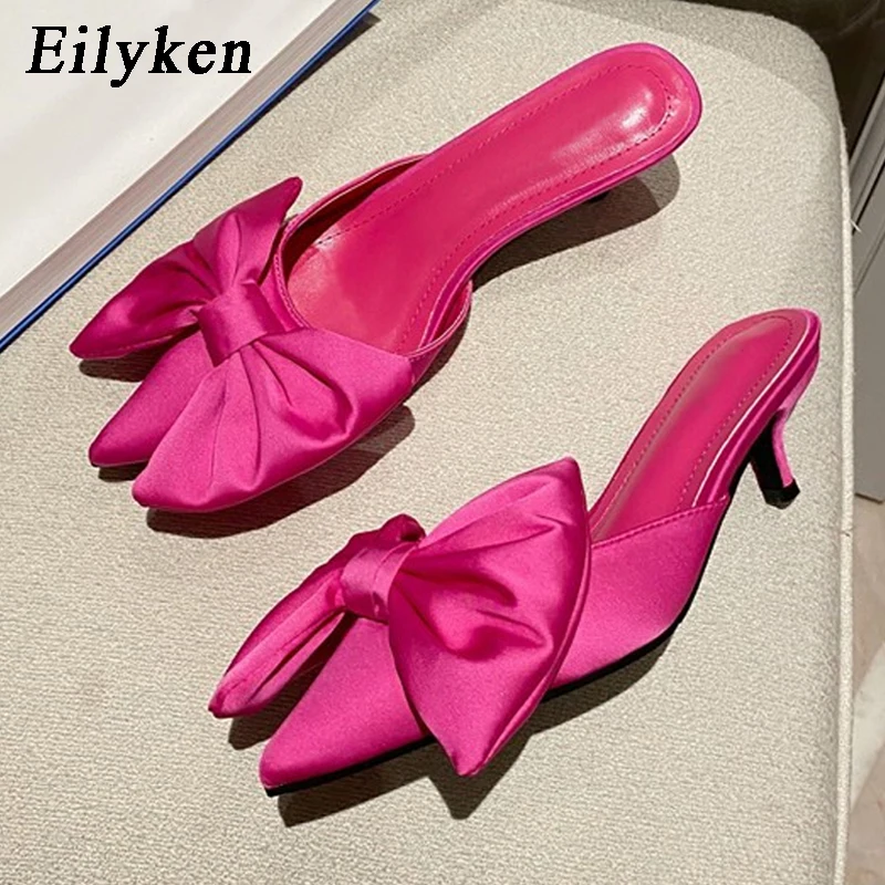 Eilyken New Fashion Butterfly-knot Elegant Dress Pumps Sexy Pointed Toe Shallow Mule Slippers For Women Low Heel  Party Shoes