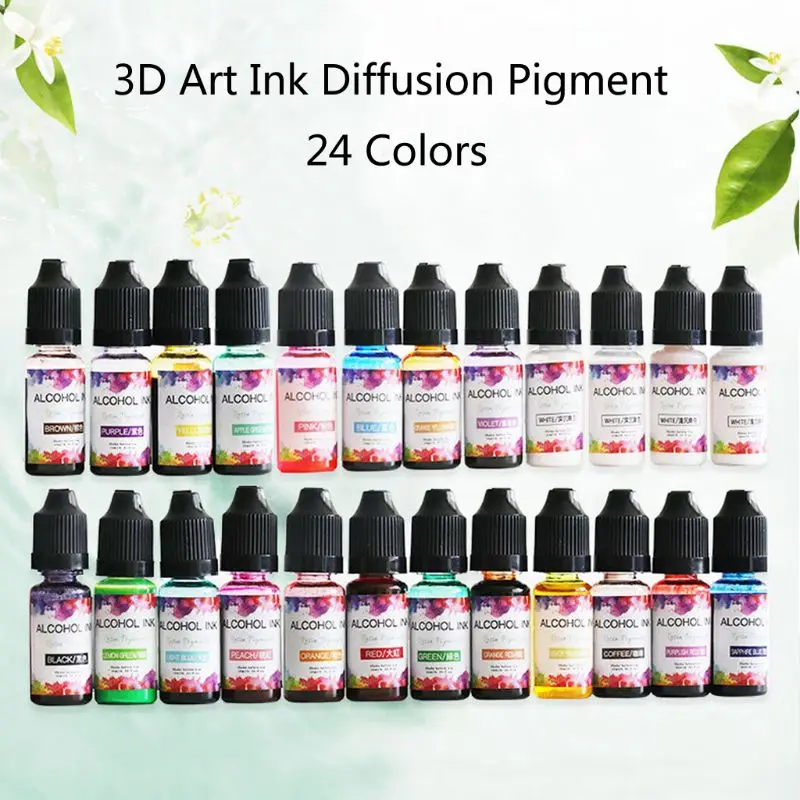 24 Colors 10ML Art Ink Alcohol Epoxy Resin Pigment Kit Liquid Resin Colorant Dye Ink Diffusion UV Epoxy Resin Jewelry Making