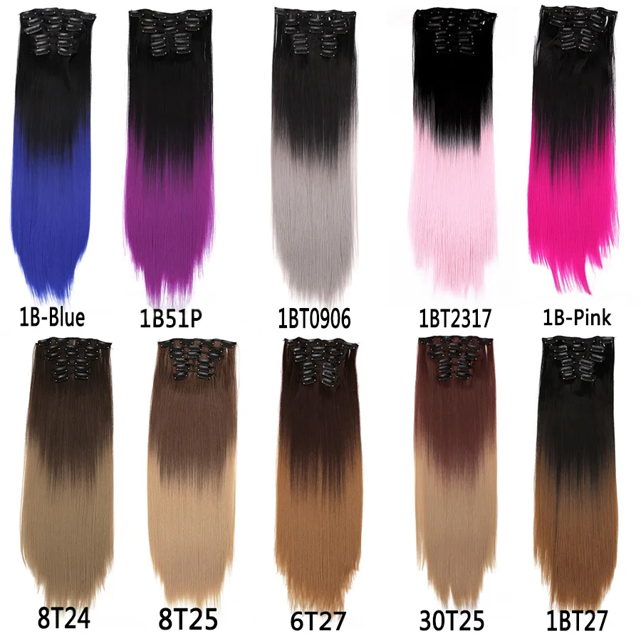 Alileader 22 Zoll Synthetische Haar Schwarz Blonde Lange Gerade Haar Extensions Lockige Welle 16Clips Haarteil Gefälschte Haar 6Set für Frauen