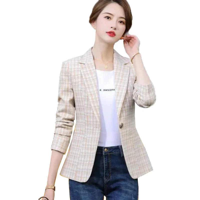 Plaid Short Blazer Jacket Women Short Slim Coat 2021 Spring Autumn New Korean Style Small Suit Women's Blazer Jacket Apricot  32