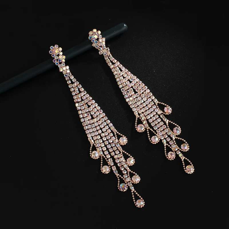 Women's Fashion Jewelry Shiny colorful Rhinestone Tassel Dangle Hot Sale Evening Dress Temperament Earrings E769