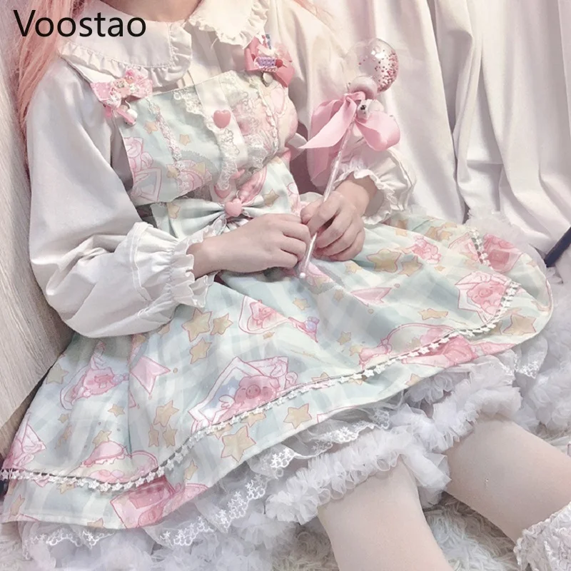 Imagem -02 - Vintage Victorian Gothic Lolita Vestido Feminino Desenhos Animados Anjo Arco de Porco Renda sem Mangas Kawaii Japonês Doce Fofa Jsk