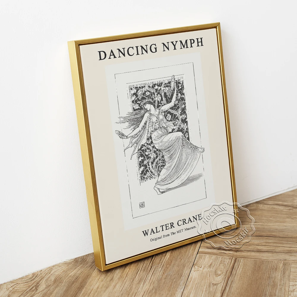 Walter Crane Exhibition Museum Poster, Dancing Nymph Black White Sketch Canvas Painting, Fairy Elf Illustration Wall Art Decor