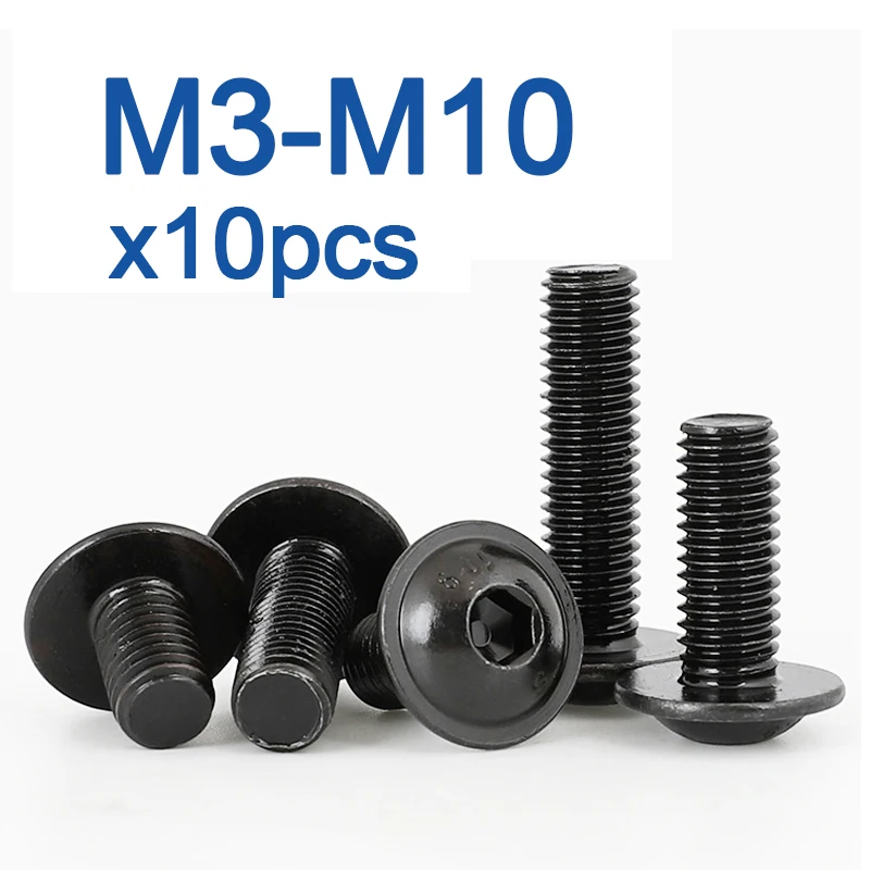 10pcs/lot M3 M4 M5 M6 M8 M10 Hex Socket Flange Button Head Screws 10.9 High Stength Black Allen Bolts length 6mm to 40mm