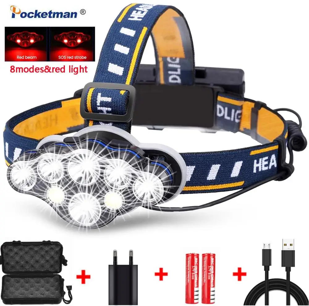 Pocketman Scheinwerfer 8 LED Scheinwerfer 8 modi Wasserdichte LED Kopf Lampe Kopf Taschenlampe Laterne Mit Rot Licht Für Outdoor Camping