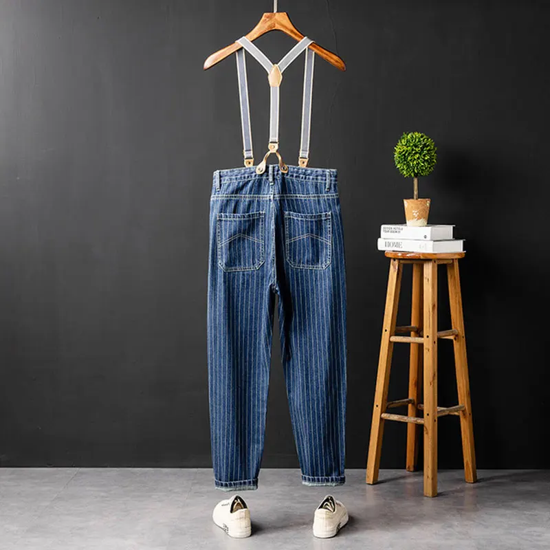 2021 Fahsion Men Jeans Bib Overalls Multi-Pocket Hip Hop Streetwear Blue Stripe Denim Trousers  Leisure Freight Pants