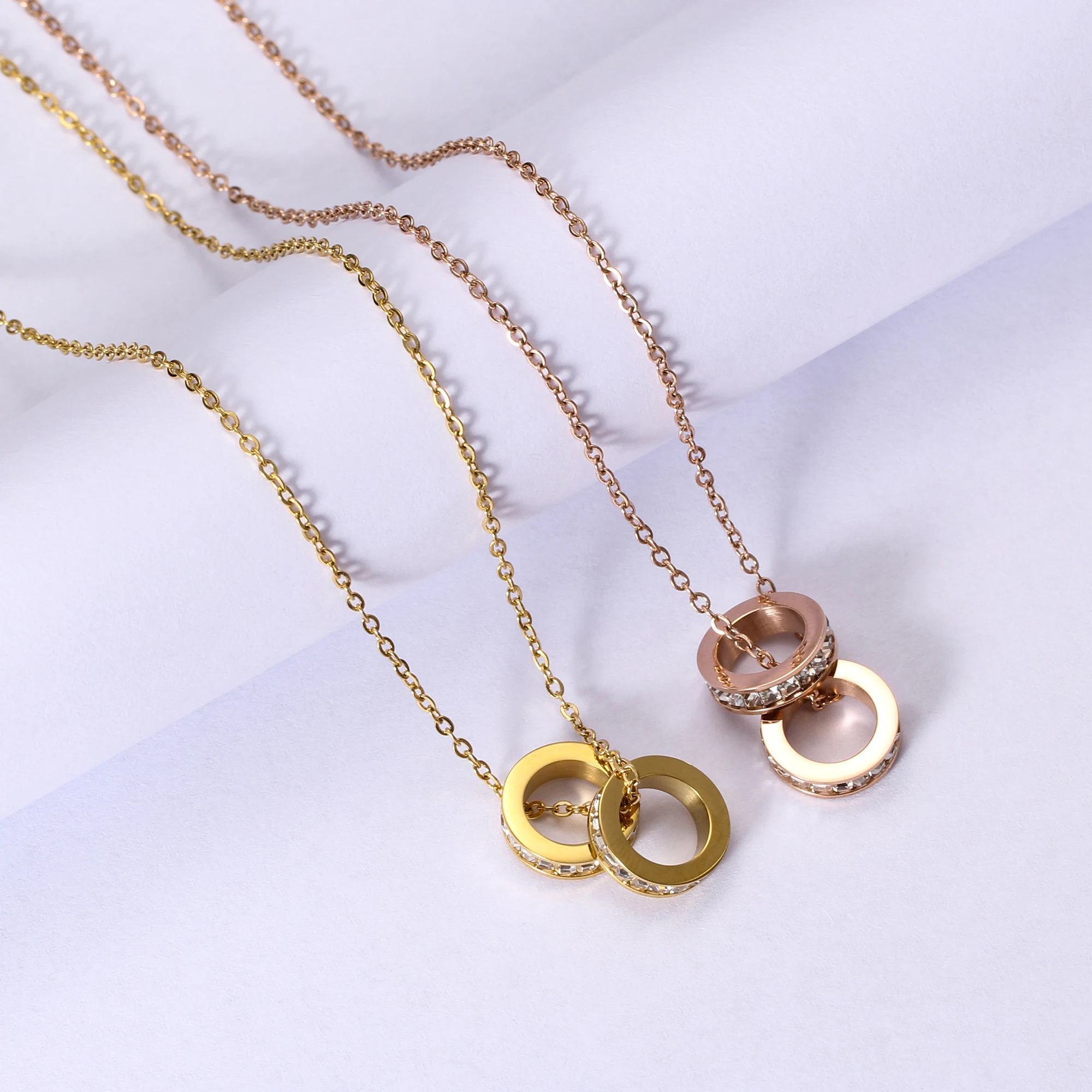 Fashion Women\'s Stainless Steel Rose Gold-Color Double Round Pendant Zircon Chain Necklace