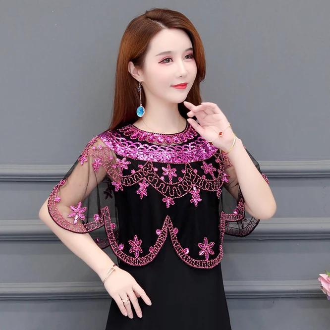 

Women's Summer Sequin Shawl European American Cloak Coat Short Coat Sunscreen Versatile Fashion Lace Outdoor Leisure Rose Red