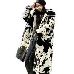 2024 Winter Parka Jacket Faux Fur Women Thickened Cow Pattern Hooded Fur Coat Lengthened Oversize Overcoat Veste Fourrure Homme