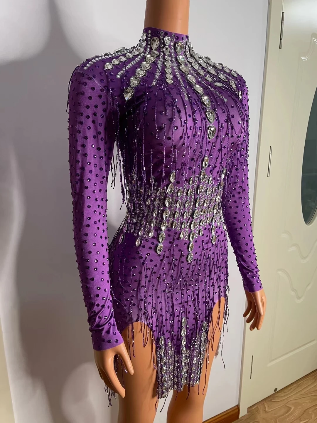 Purple Rhinestones Tassel Wrap Mini Dress for Women Birthday Party Celebration Crystal Outfit Bar Stage Latin Dance Costume