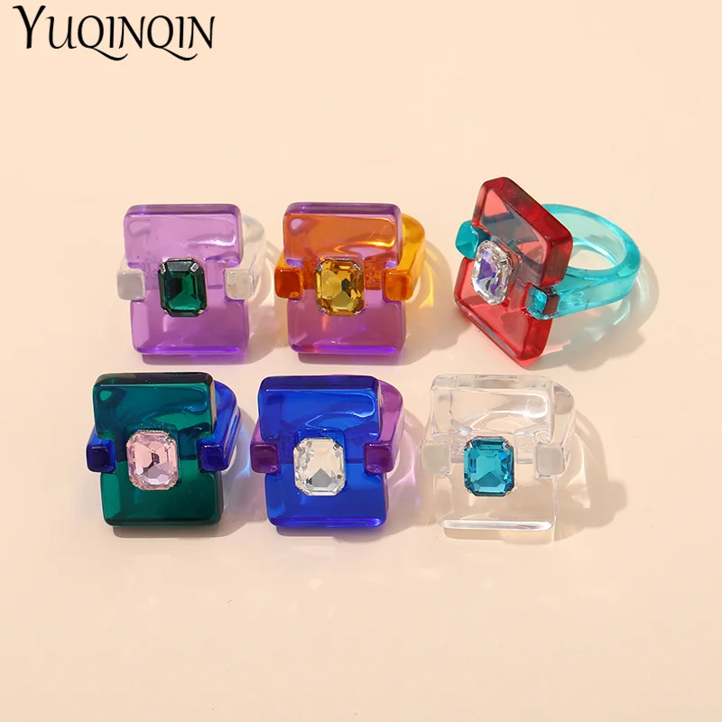 New Trendy Resin Rhinestone Crystal Finger Rings for Girls Punk Geometric Square Big Rings for Women Fashion Jewelry Party Gifts