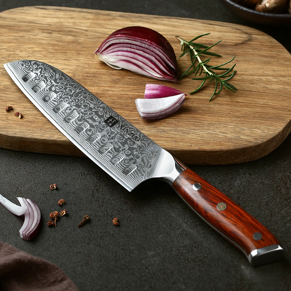 XINZUO 7\'\' Inch Santoku Kitchen Knives 67 Layers Damascus Steel Chef Knife Rosewood Handle Dealing With Meat Fruit Vegetables