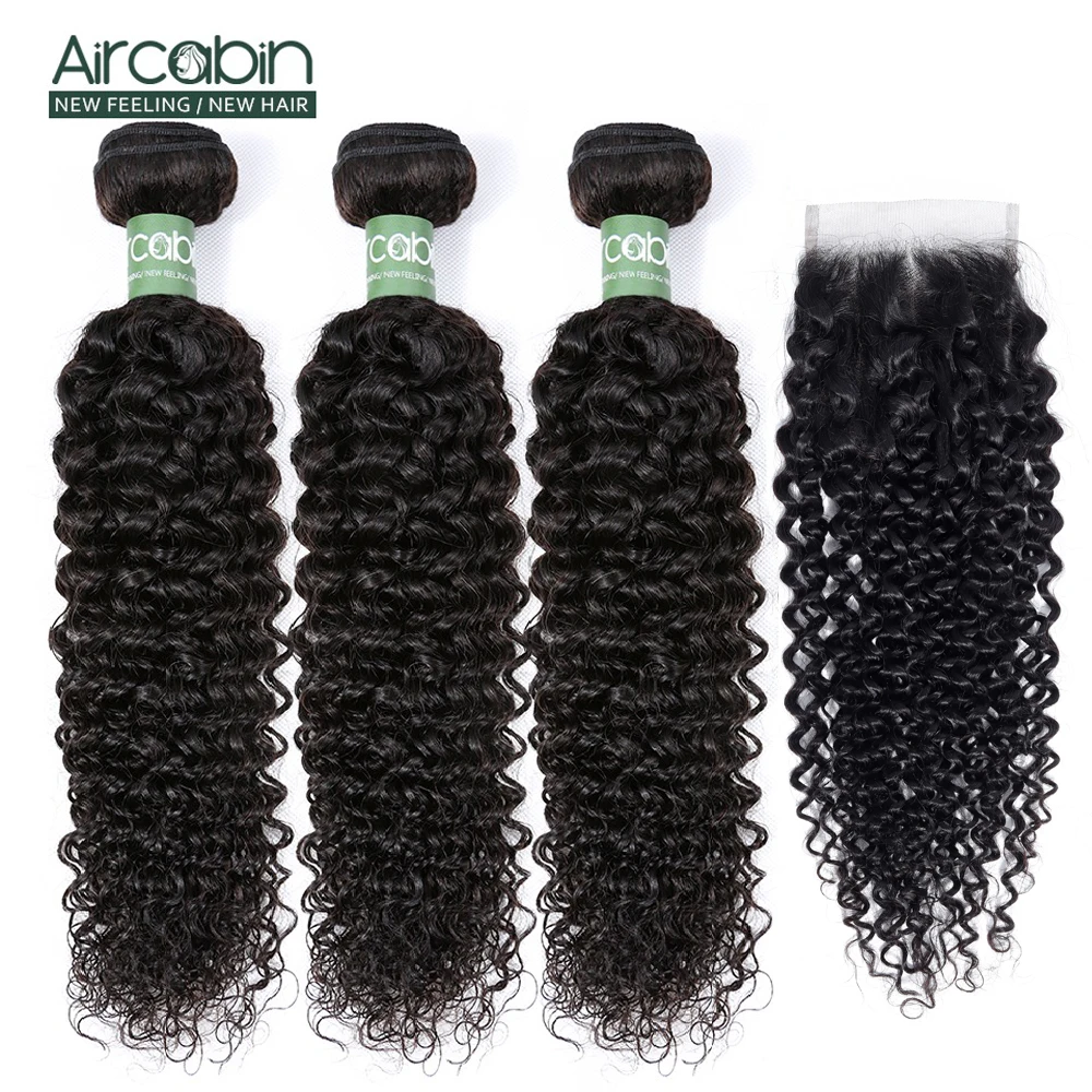 Aircabin Peruvian Kinky Curly Bundles With Closure Remy Human Hair Weave Bundles With 4x4 Lace Closure Natural Color Extensions