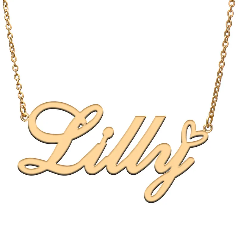 Lilly Name with Love Heart Necklace for Women Stainless Steel Jewelry Nameplate Pendant Femme Mother Child Girls Gift