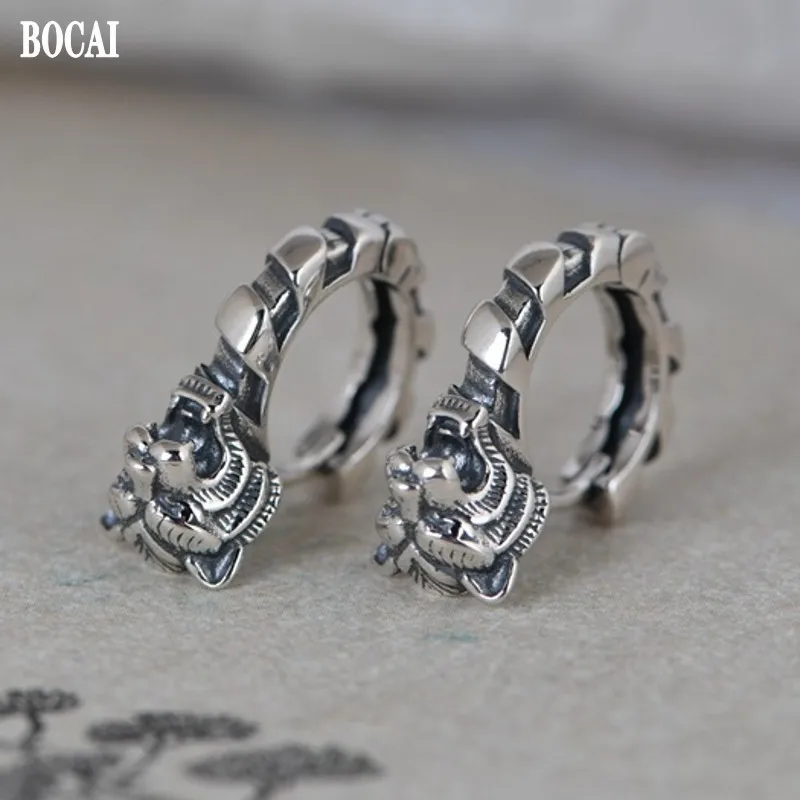 BOCAI New Real S925 Pure Silver Jewelry Retro Fashion Woman Earrings Simple Art Tiger Head Men's Earrings