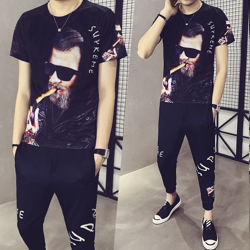 2 Personality Printing Piece Set Men Slim Fit Outfits Men Set Short Sleeve T Shirt High Quality Tracksuit T Shirt And Pants Men