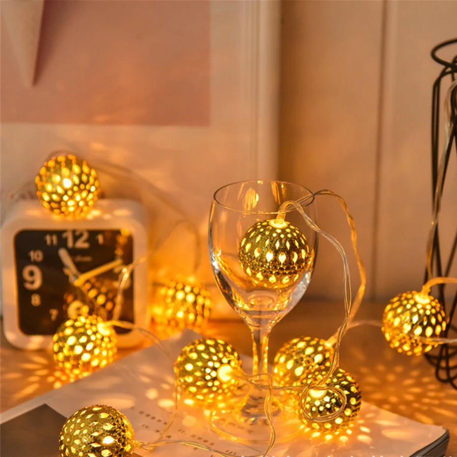 Led Light String Battery USB Power Hollow-out Moroccan Balls Garland  Fairy Lights Wedding Party Christmas Decoration Lamp