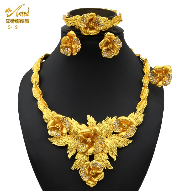 Indian Jewelry Set For Women Wedding Bridal Gold Plated Necklace Earrings Bracelet Rings Dubai 24K Flower Ethiopian Jewelery