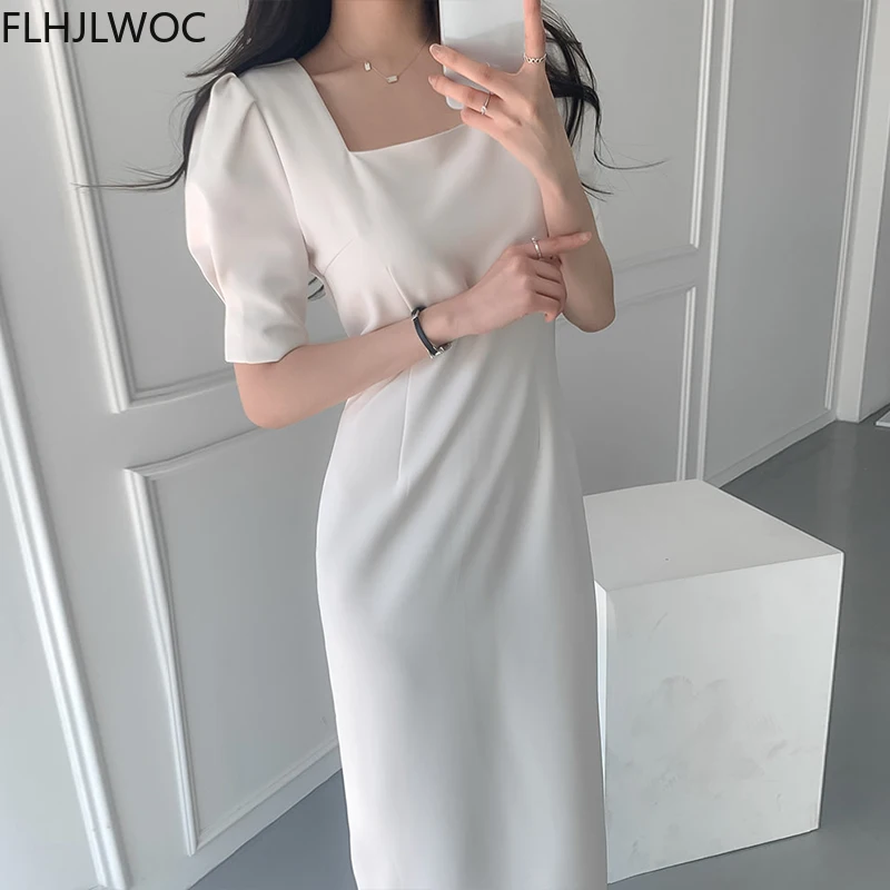 Korean Chic Summer New Style Feminine Vestidos Women Retro Gentle Wind Square Collar Solid Color Office Lady Split Long Dress