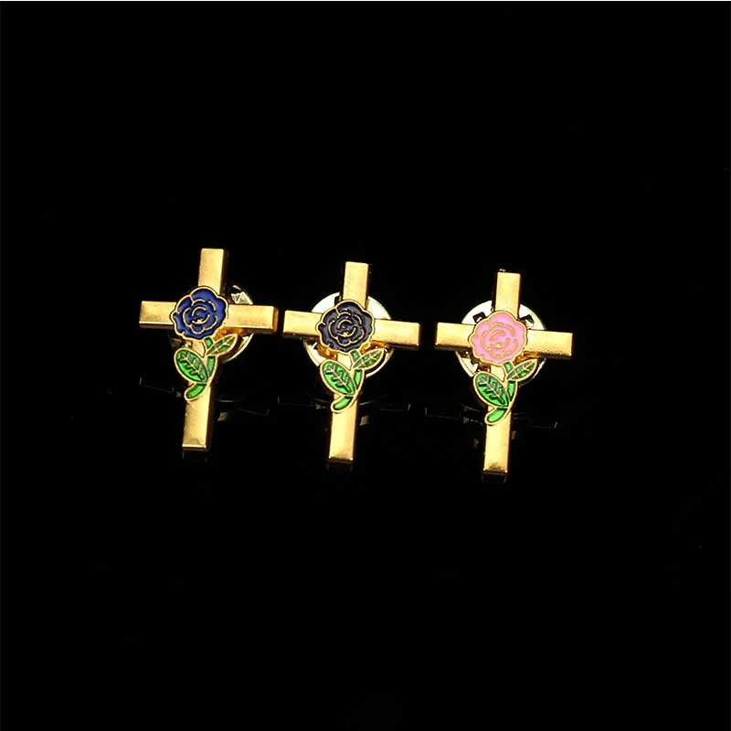 5 pieces / new brooch jesus cross color enamel brooch metal catholic rose flower brooch collar pin used for jewelry on clothes