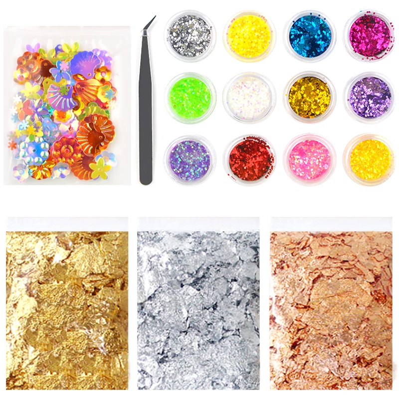 Material Set Luxury Shiny Gold Foil Glitters Sequains Flashing Debris Dry Flower Mixed Tweezers For Epoxy Resin Mold Art Craft