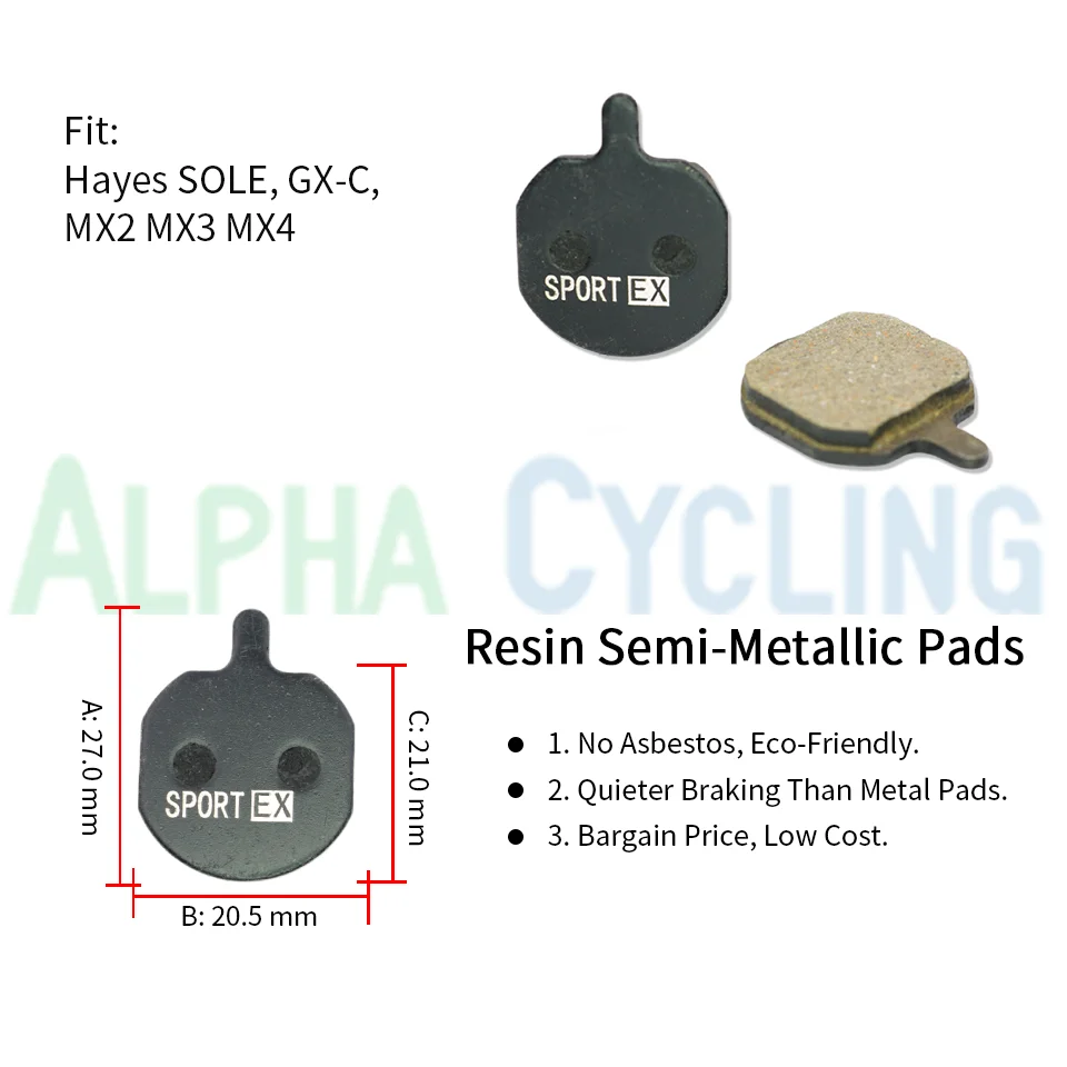 Bicycle Disc Brake Pads for Hayes SOLE, GX-C, MX2 MX3 MX4 Caliper, 4 Pairs, Sport EX Class, Resin