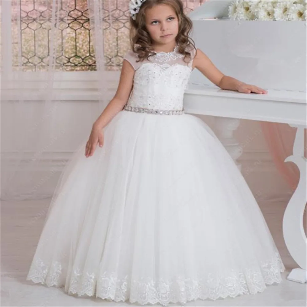 

Vintage White Flower Girl Dresses for Wedding O-neck Tulle Beaded Belt Girls Pageant Gown Kids First Holy Communion Party Dresse