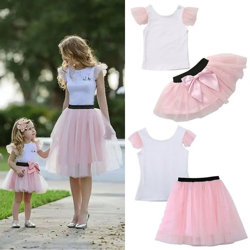 FOCUSNORM Summer Fashion Family 2pcs Clothes Set Women Girl Kids Lace Tops Tutu Skirt Family Mom-Girl Matching Clothes