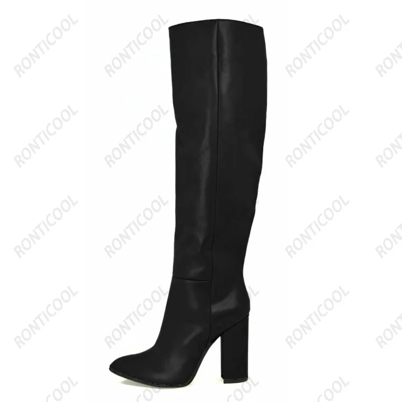 Ronticool Hot Women Winter Knee Boots Faux Leather Block Heels Round Toe Apricot White Black Fuchsia Party Shoes US Size 5-20