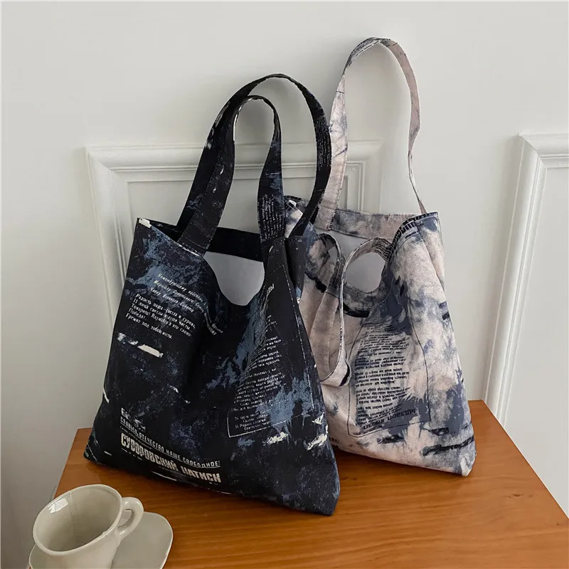 

Trendy Canvas Handbags Korean Fashion Printed Shoulder Bags for Women 2021 New Large Capacity Open Graffiti Shopping Bag
