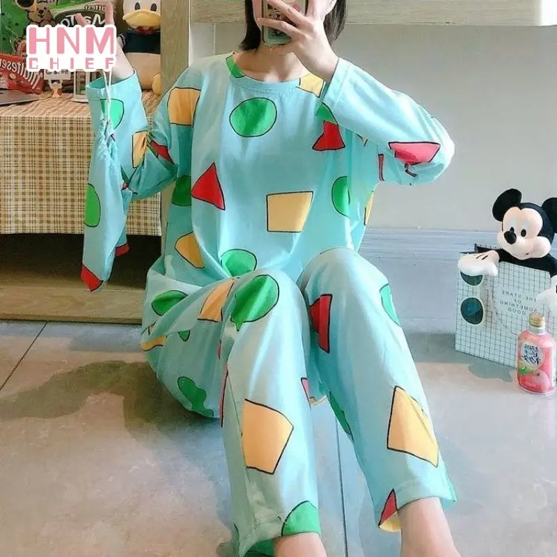 Women Korean Cute Casual Long Sleeve Autumn Student Cartoon Print Pijama Sinchan Hombre Home Comfort Cotton Pajama Sets Sinchan