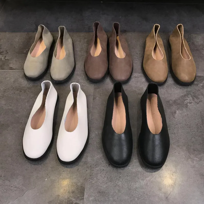 Cowhide Loafers Women Round Toe Moccasin Genuine Leather Slip On Flats Shoes Handmade Pregnant woman Driving Retro Shoes