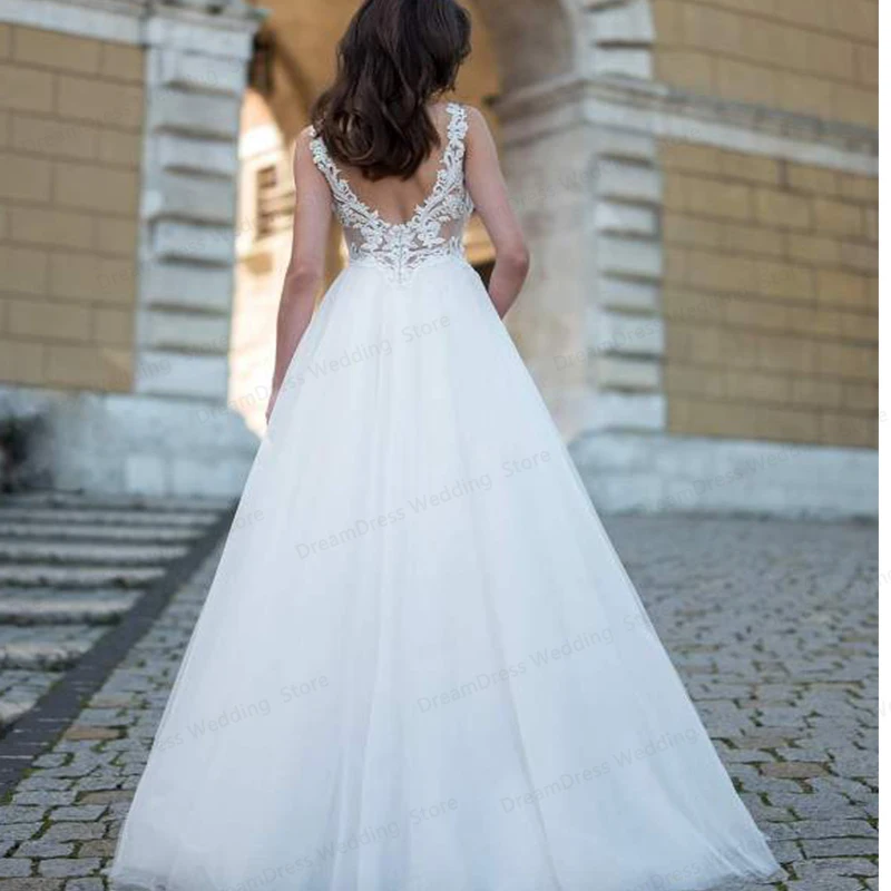 2021 elegante v neck vestidos de casamento novo lado fenda rachado andar comprimento applique aberto para trás uma linha sem costas vestidos de noiva