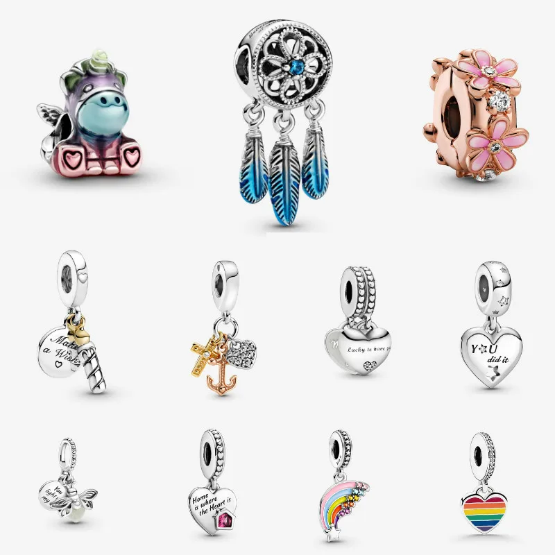 

100% 925 Sterling Silver Beads Pride Blue Dreamcatcher Two-tone Birthday Candle Love My Home Heart Colourful Rainbow Clip Charm