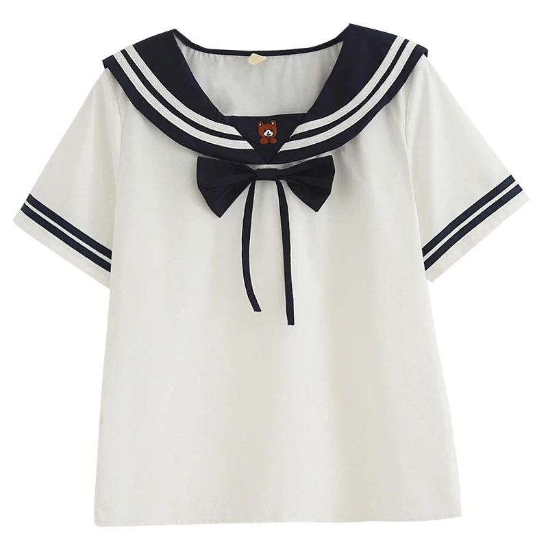 

Japanese Sailor Collar Cartoon T Shirt Women Harajuku Kawaii Bear Lolita Girl Tshirt Top Femme Vintage Stripe Graphic Tees White