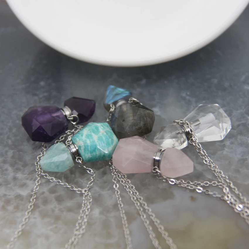 Natural Crystal Quartz Faceted Trapezoid Mini Perfume Bottle Necklace,Semi-precious Pendant For Women Love Romantic Gift