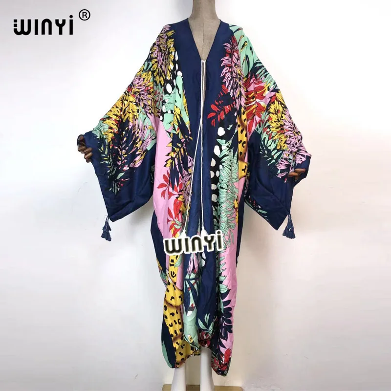 2021 WINYI new Cotton Bikini Sweet Lady Pink Boho Print Self Belted Front Open Long Kimono Dress Beach Tunic Women Wrap Dresses